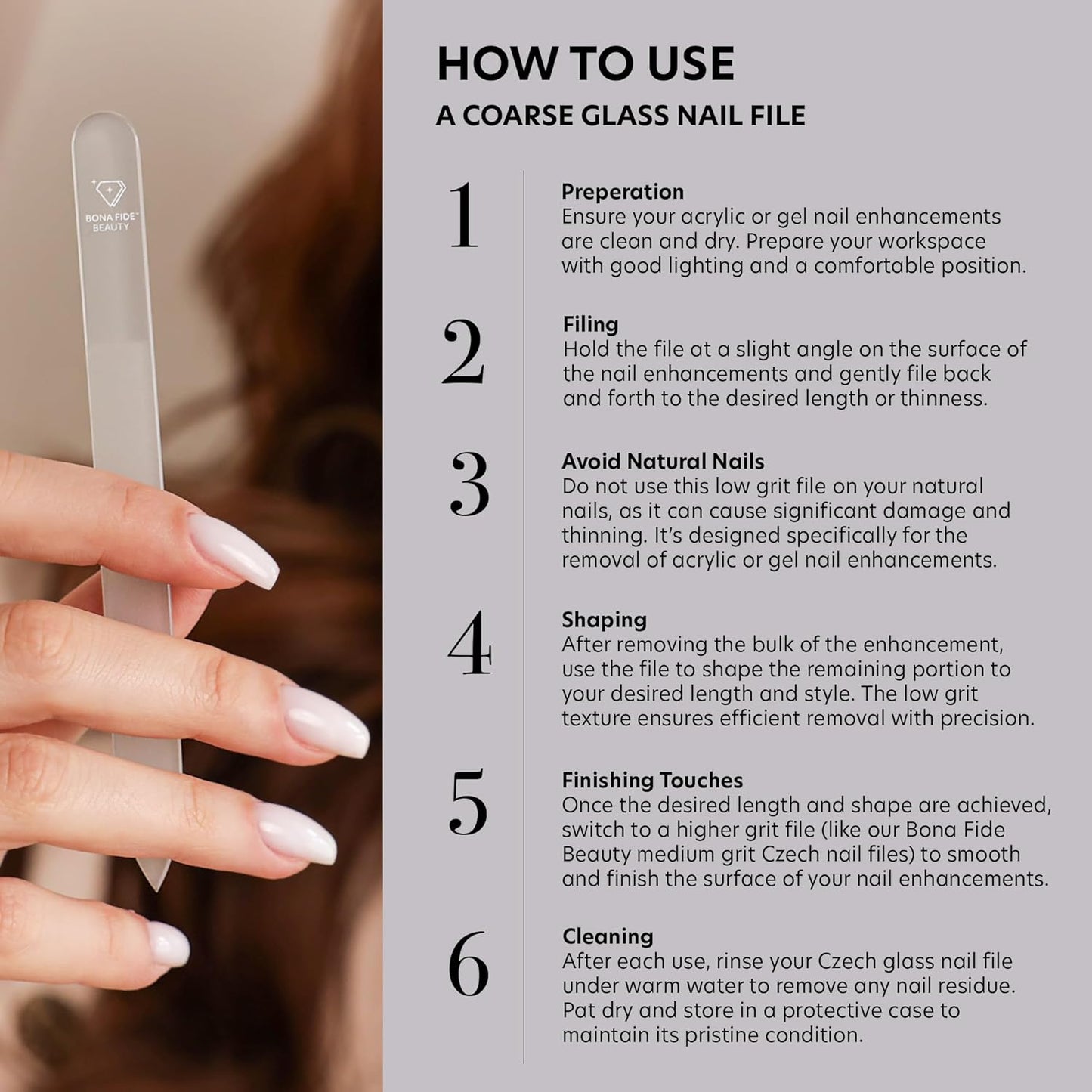 Bona Fide Beauty Czech Glass Nail File for Acrylic Nails, Crystal Glass Nail File with Case. Coarse Fingernail Filer (Gray)