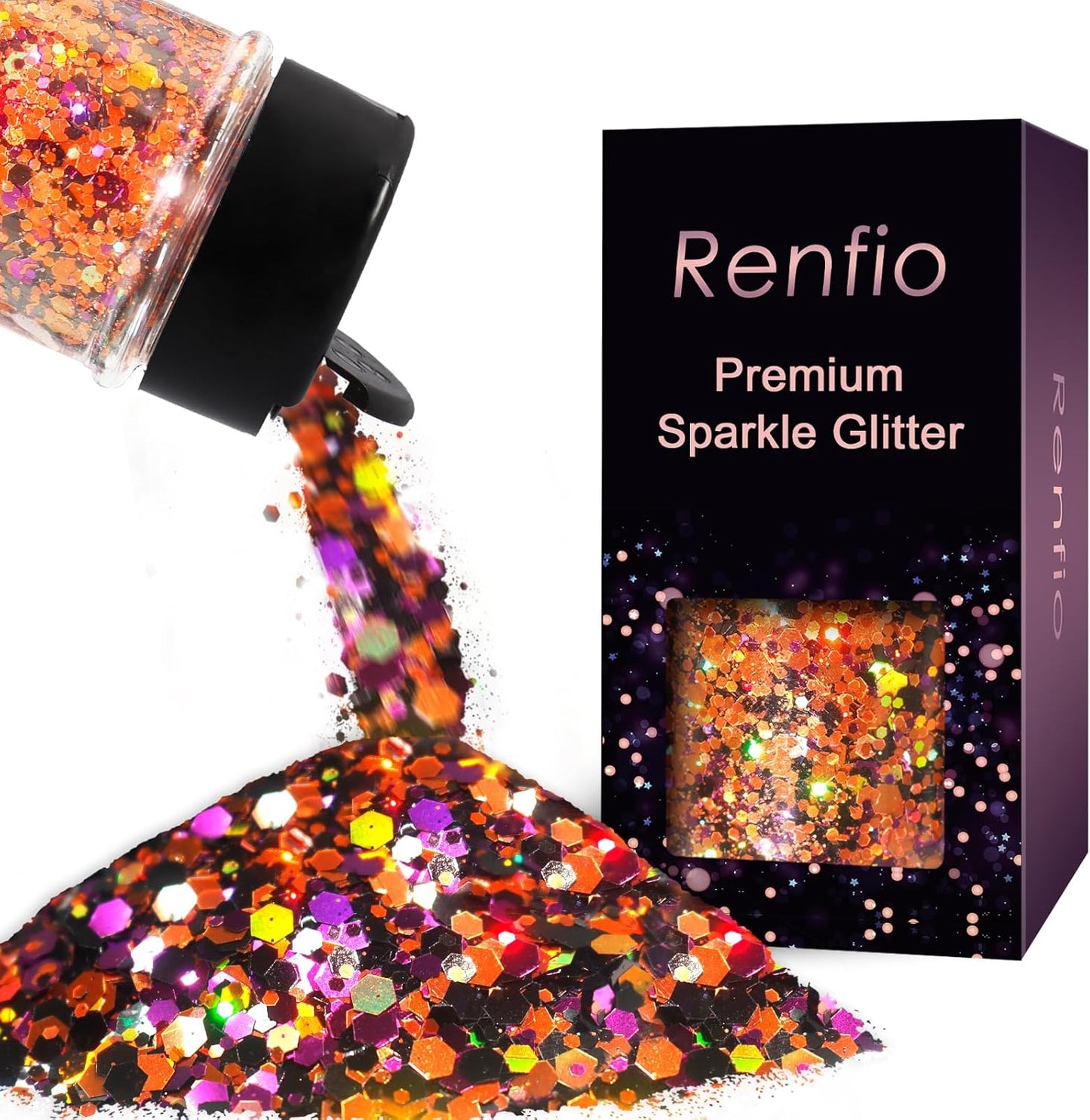 Renfio Orange Purple Black Chunky Glitter,Mixed Holographic Glitter for Helloween,1.76oz/50g Iridescent Hexagon Sequin for Snowglobe Tumbler,Resin,Craft,Nail,Face,Hair,Festival Decor,Ornament