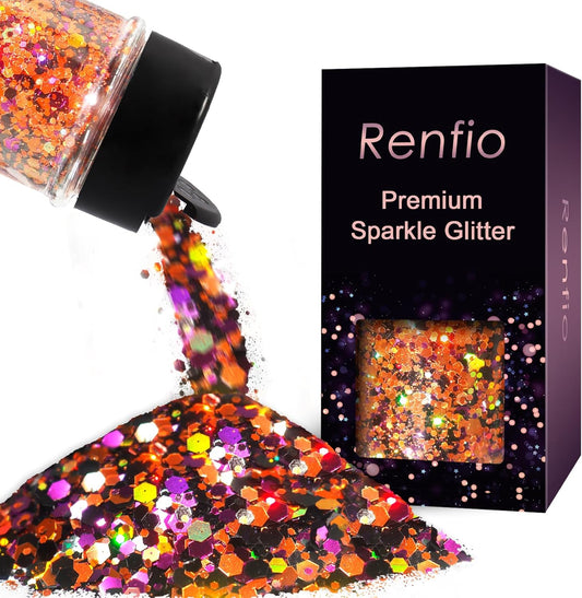 Renfio Orange Purple Black Chunky Glitter,Mixed Holographic Glitter for Helloween,1.76oz/50g Iridescent Hexagon Sequin for Snowglobe Tumbler,Resin,Craft,Nail,Face,Hair,Festival Decor,Ornament