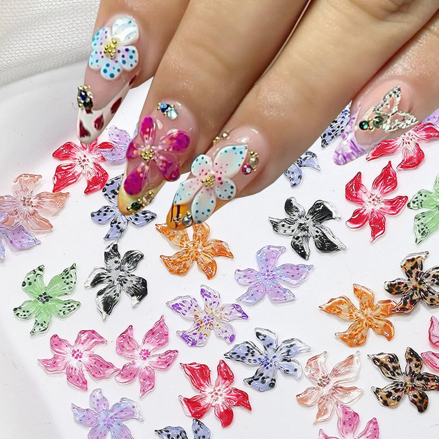 50Pcs 3D Flowers Nail Charm for Nails Flower Resin Nail Rhinestones Spring Hibiscus Floral Nail Art Charm for Acrylic Nails Mixed Colorful Ice Lily Nail Gems Jewelry DIY Summer Manicure Decor Crafts