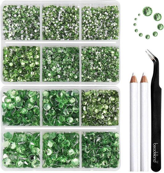 Beadsland 8300PCS Flatback Rhinestones, Light Green Rhinestone Nail Gems Round Crystal Rhinestones for Crafts, Mixed 10 Sizes with Wax Pencil and Tweezer Kit, SS3-SS30, Peridot