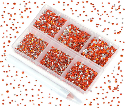 Bymitel 7200 Pieces 6 Mixed Sizes Glue Fix on Glass Rhinestones Round Crystal Gems Flatback for DIY Jewelry Making with one Picking Pen(6-Sizes 7200PCS, Hyacinth)