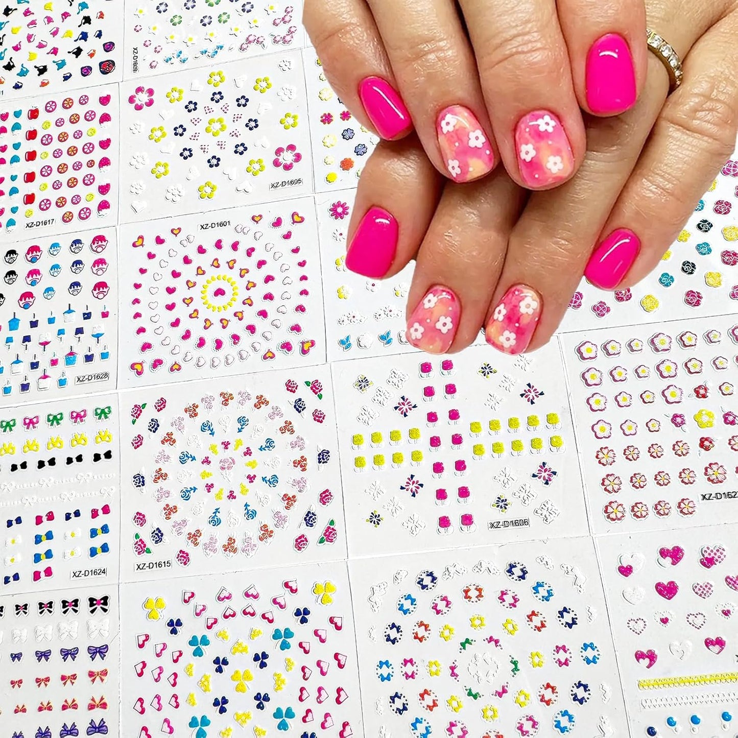 30 Sheets Flower Nail Art Stickers 3D Self-Adhesive Nail Decals Colorful Floral Designs Cute Heart Star Nail Decoration Spring Summer DIY Nail Decorations for Women Manicure Tip