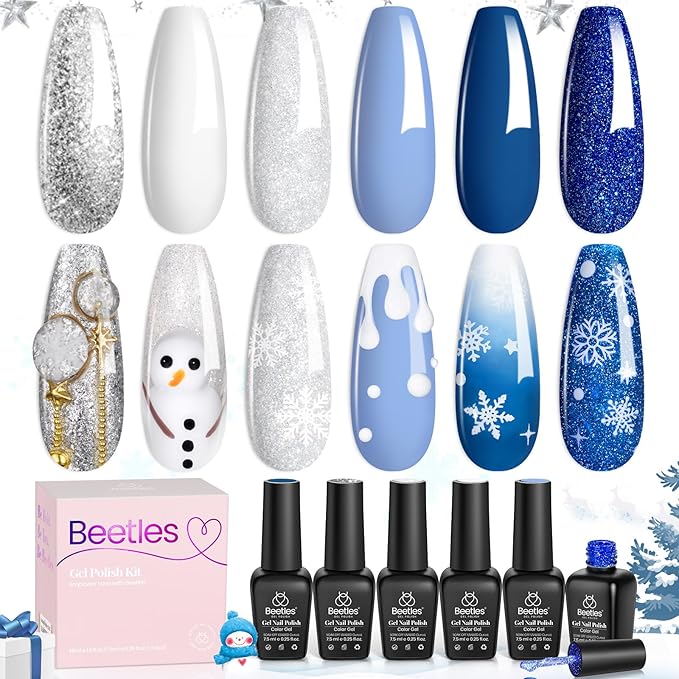Beetles Winter Gel Polish Set, Glitter Snowflakes Collection Christmas Polish Set, White Glitter Navy Blue Silver Nails Color Gel Soak off UV LED Lamp Gift for Christmas