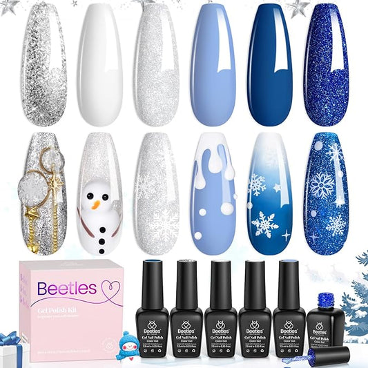 Beetles Winter Gel Polish Set, Glitter Snowflakes Collection Christmas Polish Set, White Glitter Navy Blue Silver Nails Color Gel Soak off UV LED Lamp Gift for Christmas