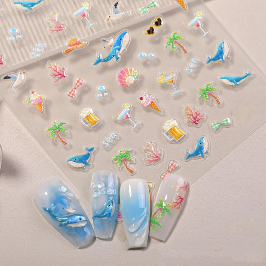 Summer Beach Theme 3D Nail Art Stickers, 2 Sheets, Self-Adhesive Embossed Ocean Designs with Fish, Coral, Seaweed, Palm Trees for Nail Decoration, Vacation Manicure