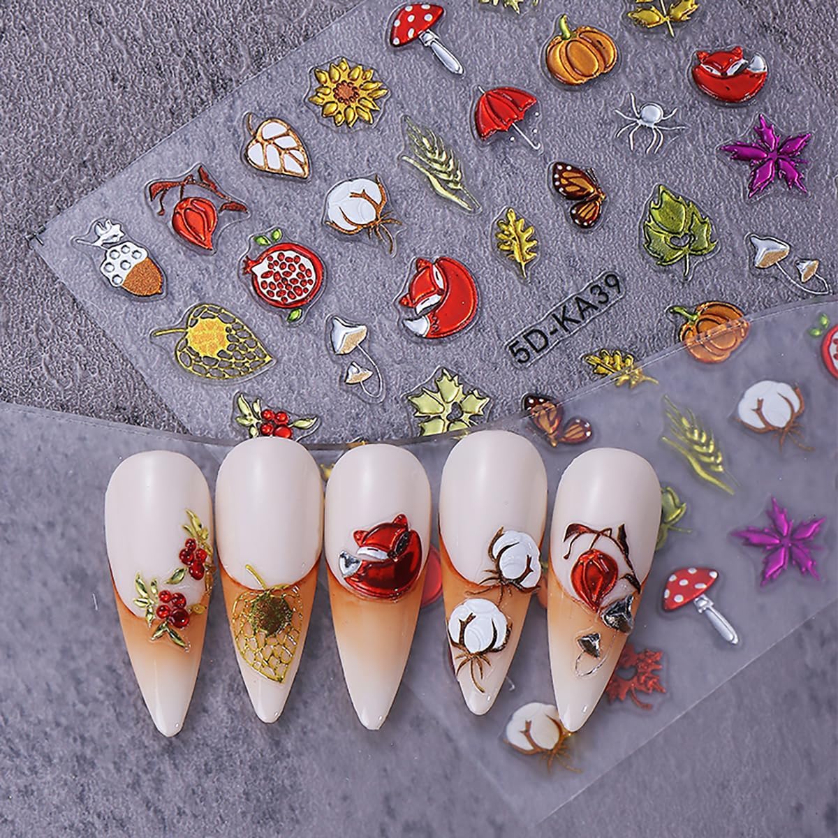 Fall Nail Art Stickers Autumn Maple Leaf Pumpkin pineal Mushroom Design Nail Decals 5D Embossed Self-Adhesive Fall Nails Stickers Thanksgiving Day Nails Art Supplies for Women DIY Manicure Decor