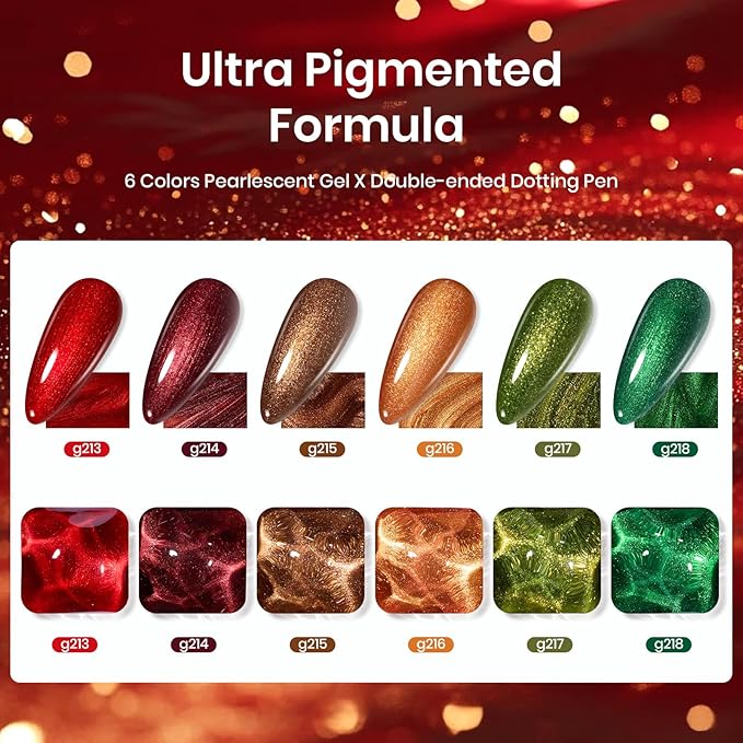 beetles Glitter Gel Nail Polish Set, 6 Colors Glitter Brown Orange Red Green Colors Christmas Nail Drawing Swirl Shell Thread Effect Gel Polish Kit Soak Off Led UV Nail