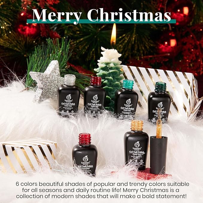 Beetles Christmas Gel Nail Polish, Red Sparkle Green Glitter Gold Silver Winter Gel Polish Dark Red Gel Polish Kits Soak Off Nail Lamp Uv LED Cured for Nail Art Design Gift for Women