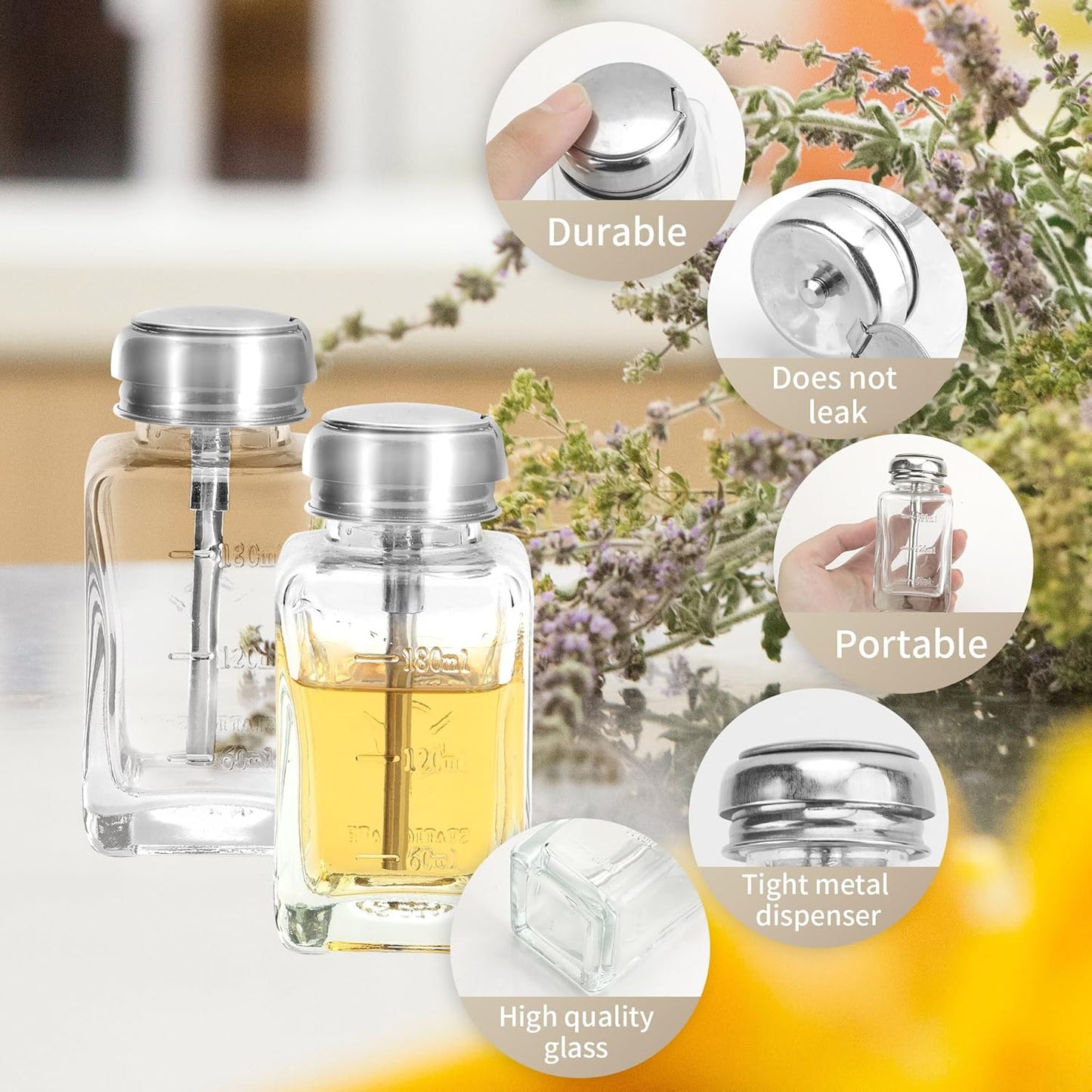 souG 3 Pcs 6 Oz/ 180 ml Clear Pump Dispenser Bottle with Metal Flip Cover Glass Nail Polish Remover Push Down Dispenser Bottle Refillable Push Down Pump Dispenser Press Container for Makeup Remover