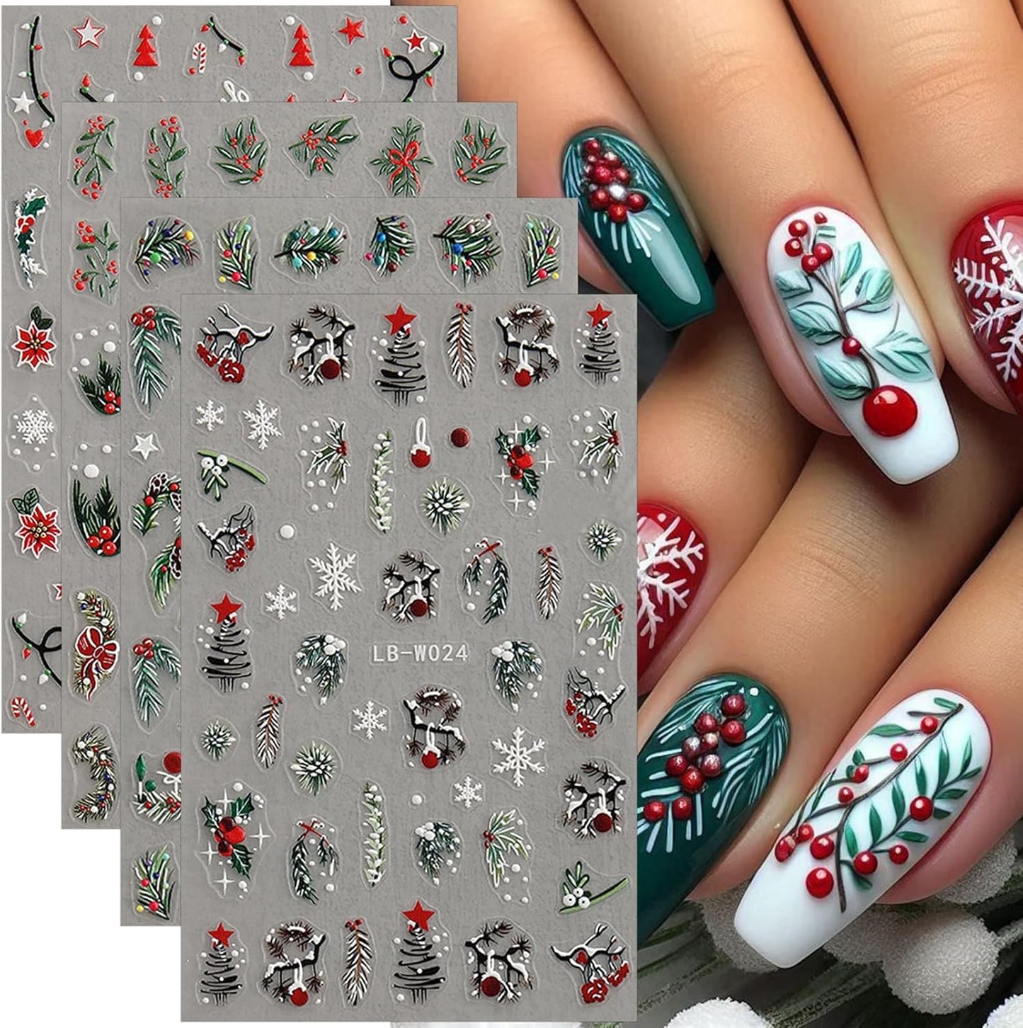 4 Sheets Christmas Nail Stickers 5D Embossed Holly Leaf Nail Decals Christmas Tree Pine Leaves Snowflake Design Self Adhesive Nail Supplies Winter Xmas Nail Art Stickers for Women DIY Nail Decoration