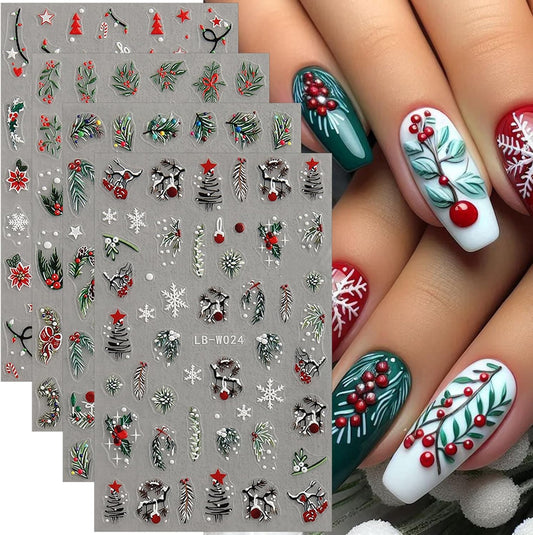 4 Sheets Christmas Nail Stickers 5D Embossed Holly Leaf Nail Decals Christmas Tree Pine Leaves Snowflake Design Self Adhesive Nail Supplies Winter Xmas Nail Art Stickers for Women DIY Nail Decoration