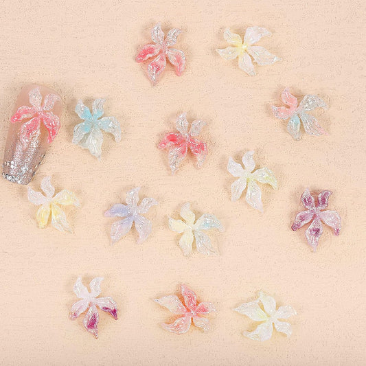 3D Crystal Flower Nail Charms, 100 Pieces Mixed Color Spring Floral Rhinestones, Hawaii Style Nail Art Decorations with Golden Beads