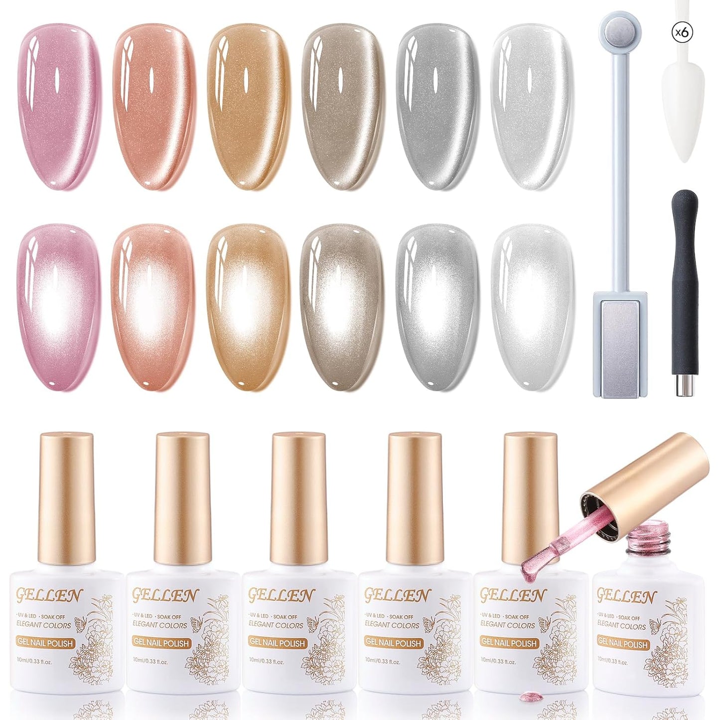 GELLEN Cat Eye Gel Nail Polish 6 Colors Gray Orange Silver Gold Brown Purple Holographic Reflective Cateye Gel Polish with Magnets Fall Winter UV LED Soak Off Sparkle Magnetic Gel Polish