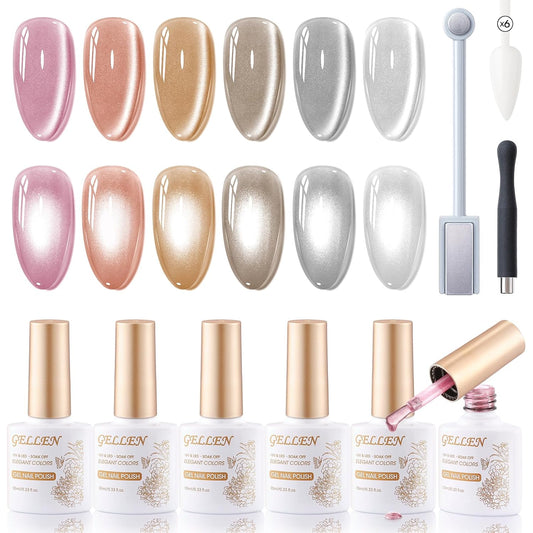 GELLEN Cat Eye Gel Nail Polish 6 Colors Gray Orange Silver Gold Brown Purple Holographic Reflective Cateye Gel Polish with Magnets Fall Winter UV LED Soak Off Sparkle Magnetic Gel Polish