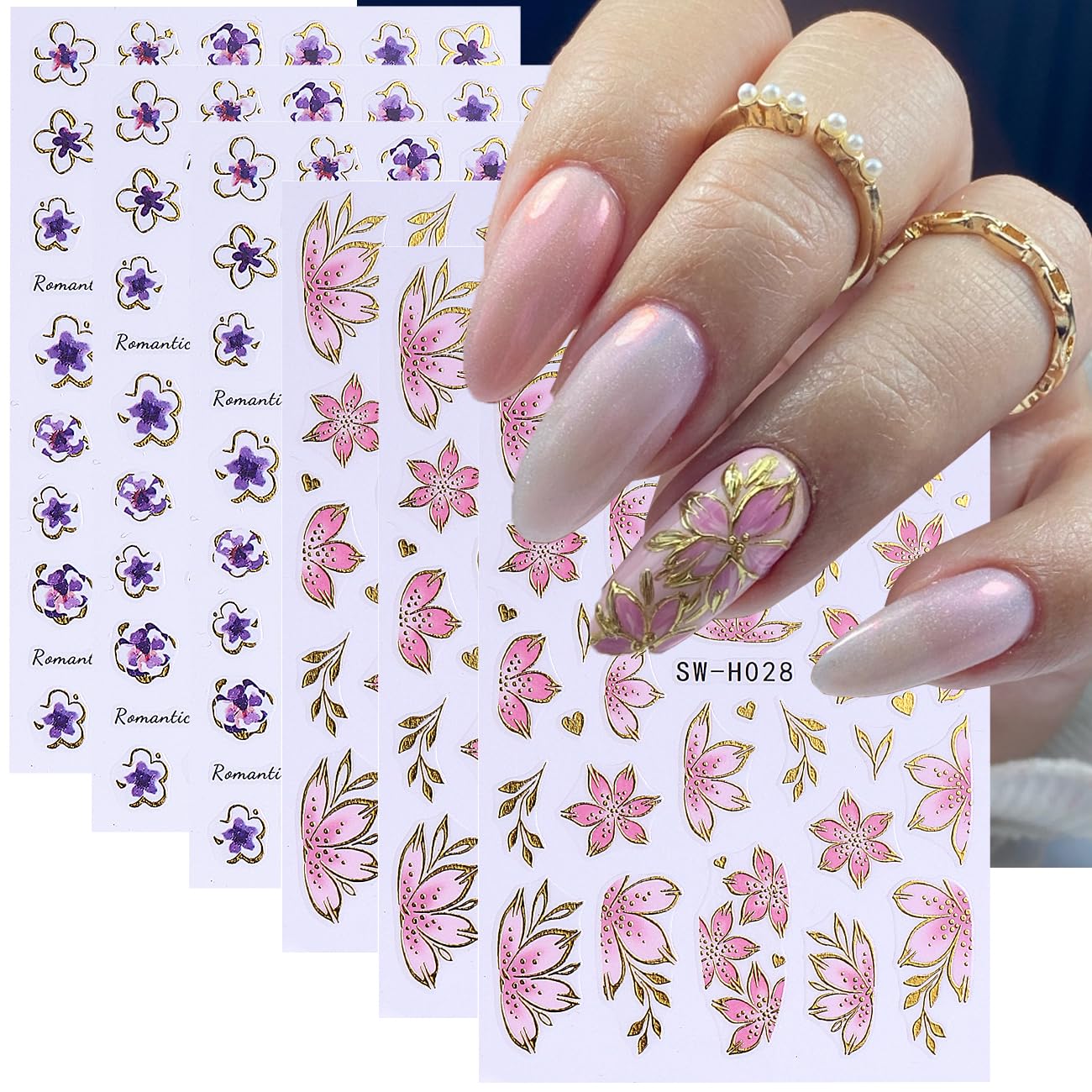 Flower Nail Art Stickers Decals 3D Pink Flower Nail Stickers Self-Adhesive Summer Nail Art Decorations Supplies 6PCS Bronzing Gold Edge Pink Purple Floral Petal Nail Decals Manicure Sliders for Women