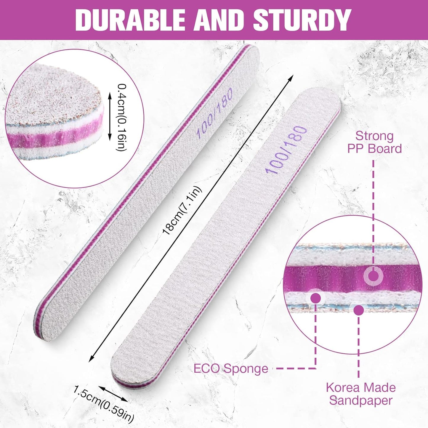 150 Pieces 100/180 Grit Nail Files Double Sided Emery Boards Washable Reusable Nail Buffers Manicure Tools for Natural Acrylic Toenails Home and Salon Use