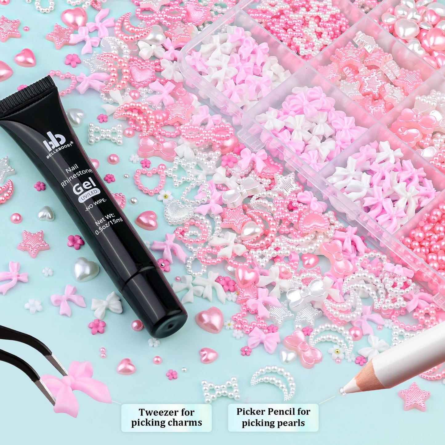 Coquette 3D Nail Charms Design Set - White Pink Nail Bows + Pearl Heart Star Moon Jewels + 3D Flowers and Pearls, With Picker Tools