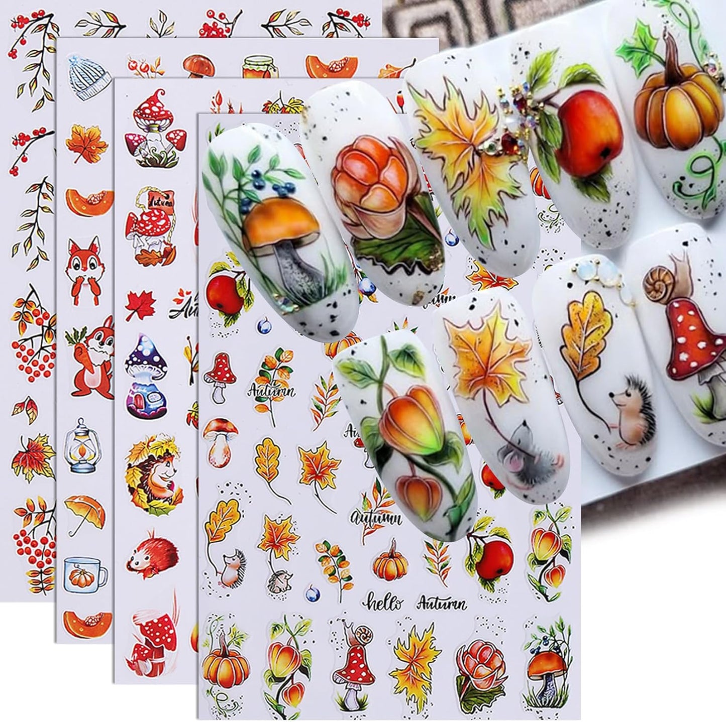 Fall Pumpkin Nail Stickers Decals 10PCS Autumn Maple Leaves Designs for Nails Art Squirrel Mushroom 3D Self-Adhesive Sliders Manicure Fall Nail Art Stickers Supplies for Women DIY Holiday Decoration