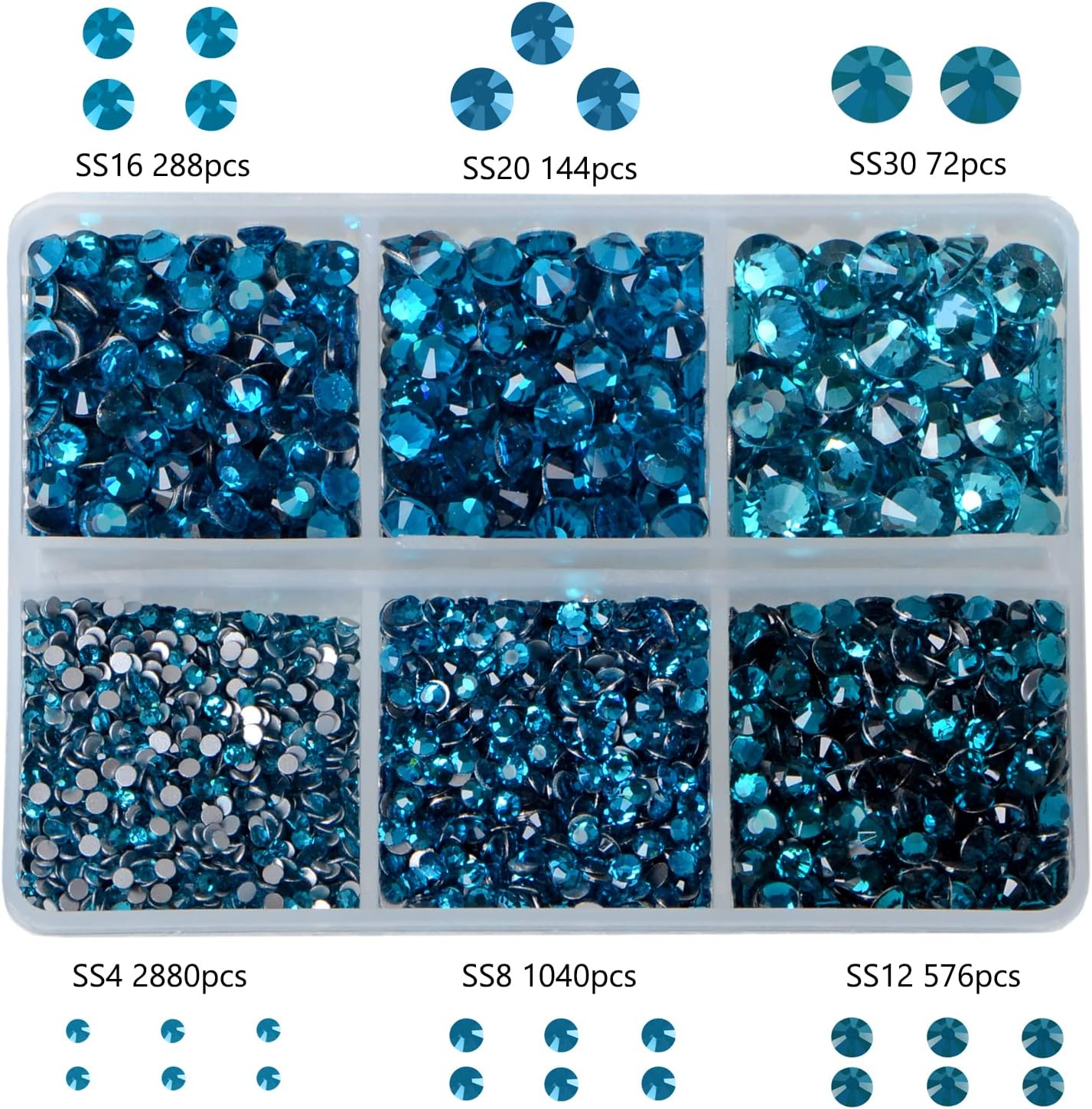 Bymitel 5000 Pieces 6 Mixed Sizes Glue Fix on Glass Rhinestones Round Crystal Gems Flatback for DIY Jewelry Making with one Picking Pen (6-Sizes 5000PCS, Blue Zircon)