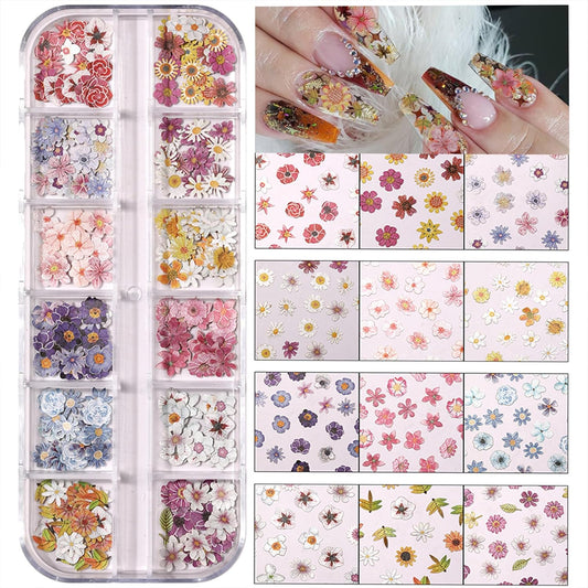 300pcs 3D Flower Nail Art Sequins Decals Colorful Mixed Flowers Leaves Design Slice Nail Flowers Ultra Wood Pulp Flakes Sequins 3