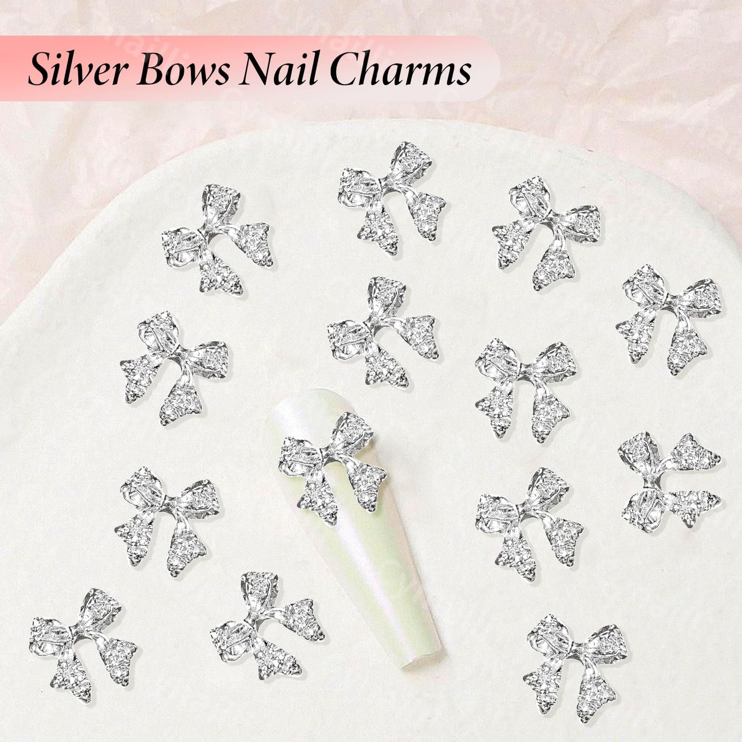 80 Pcs Silver Alloy Bow Nail Charms, 1011mm, Ideal for Nail Art, DIY Accessories