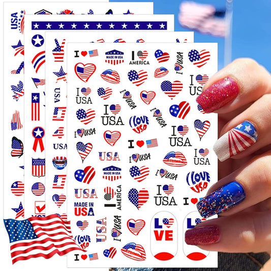 8 Sheets 4th of July Nail Stickers, Independence Day Patriotic Nail Decals, 3D Design Self-Adhesive Memorial Day USA Flag Star Nail Art