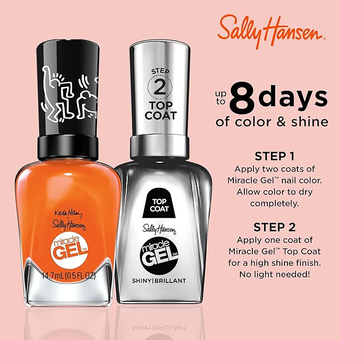 Sally Hansen Miracle Gel Keith Haring Salon Quality Nail Polish | Gel-Like Formula, Two-Step System, No UV Light Needed, Long Lasting | Opaque | 922 Colour Instinct | Dark Orange Nail Color