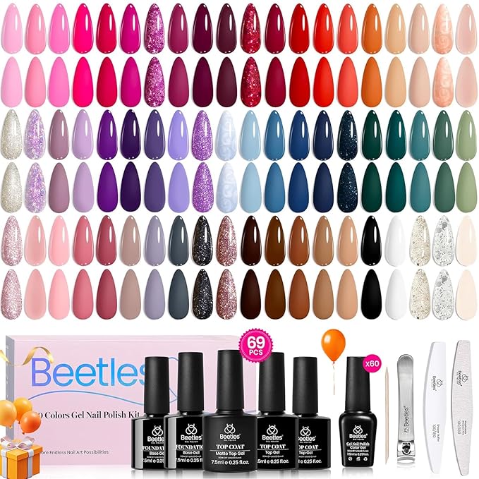 Beetles Gel Nail Polish Set - Transcendent Allure 60 Colors Winter Gel Polish Kit Orange Burgundy Red Green Brown Blue White Black Purple Glitter with Base Top Coat UV LED Needed DIY Gifts for Women