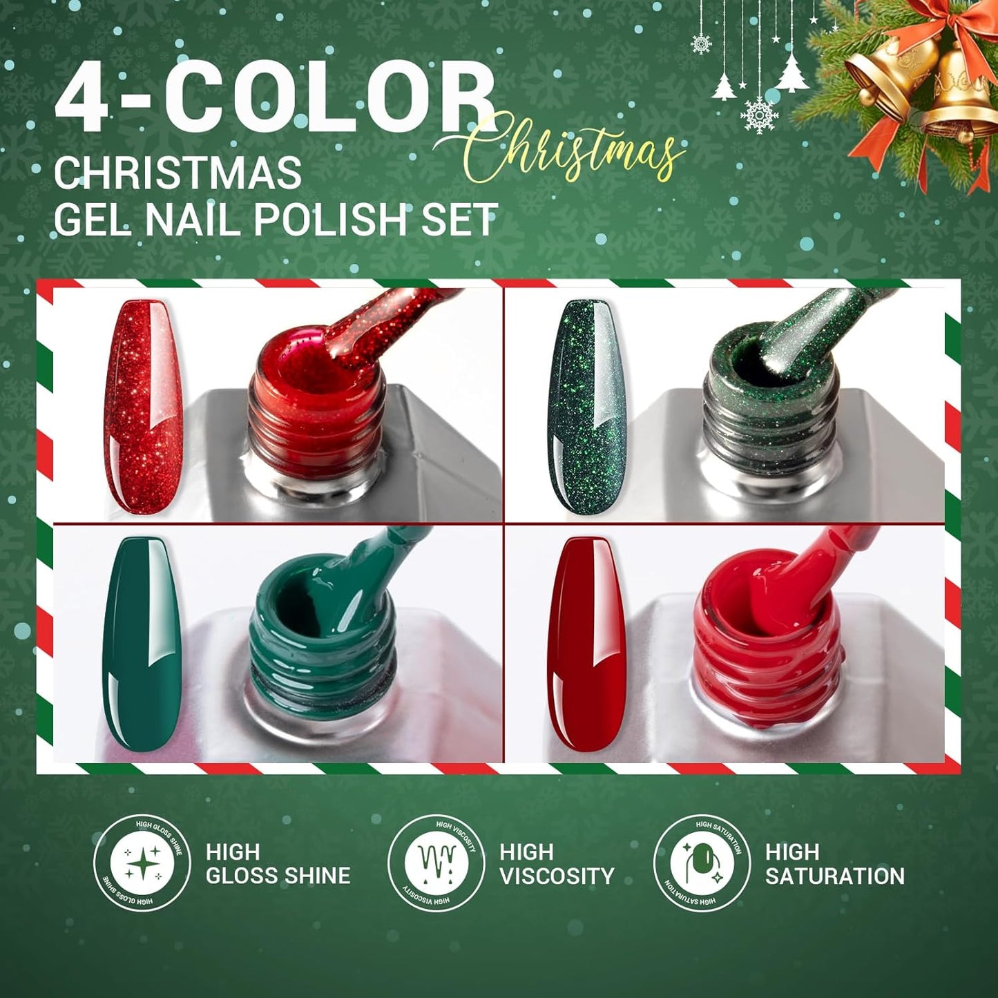 MelodySusie 15ML Christmas Gel Nail Polish Set: Christmas 4 Colors Green and Red Gel Polish Nails Soak Off UV LED Christmas Gel Polish Set Gifts for Women Girls Nail Art Manicure Salon DIY Nail Design