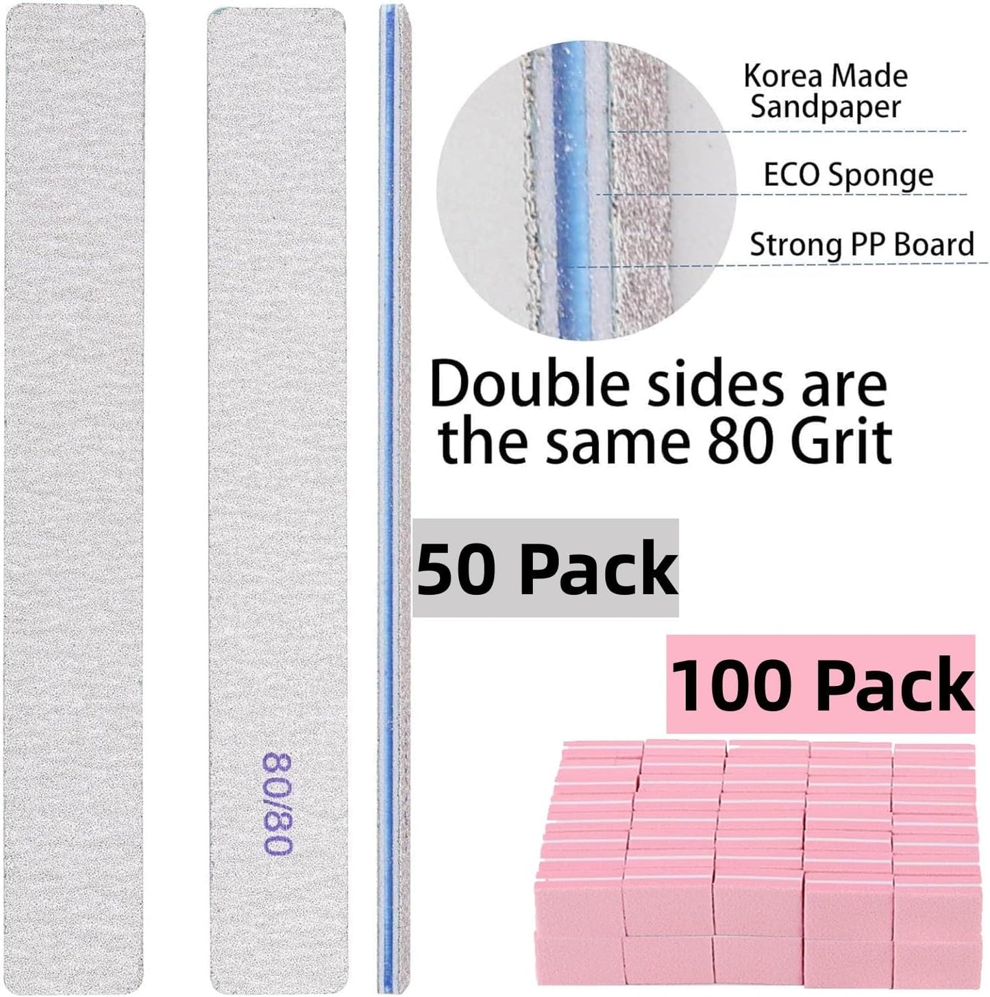 150pcs 80/80 Grit Nail Files Set, Manicures Pedicures Nails Emery Boards File Professional Nail Art Tools for Home,Salon,Clients,Strong, 2 Sided