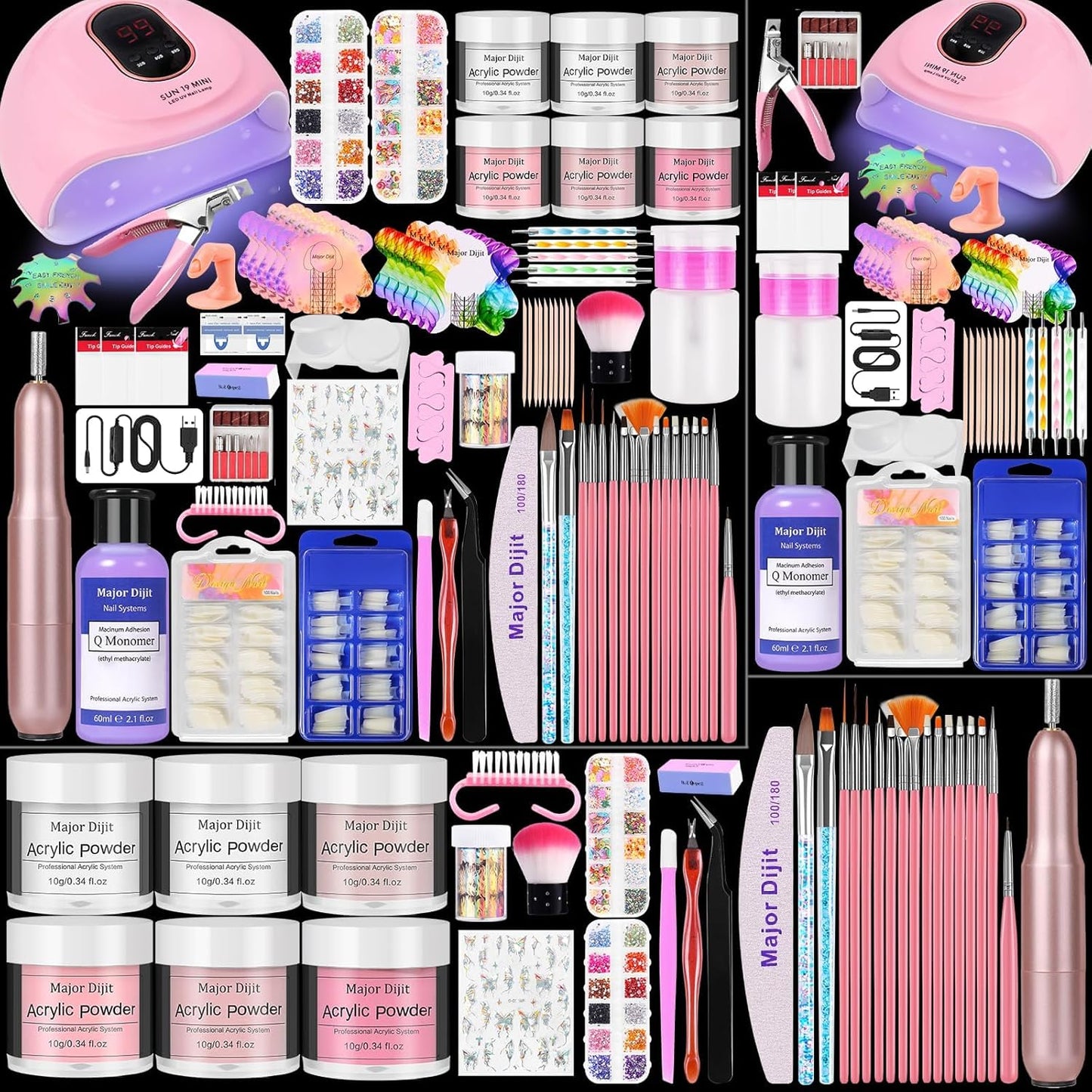 Acrylic Nail Kit with liquid Monomer,6 colors Glitter Acrylic powder UV Lamp for Beginners with Everything Nail Supplies (White)