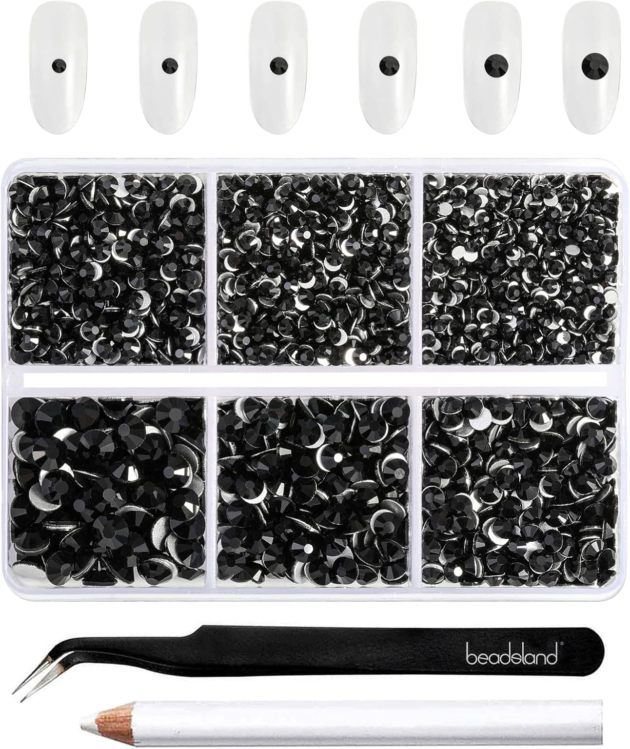 Beadsland 4300pcs Flatback Rhinestones,Black Rhinestone Nail Gems Round Crystal Rhinestones for Crafts,Mixed 6 Sizes with Picking Tweezers and Wax Pencil Kit, SS6-SS20,Jet Black