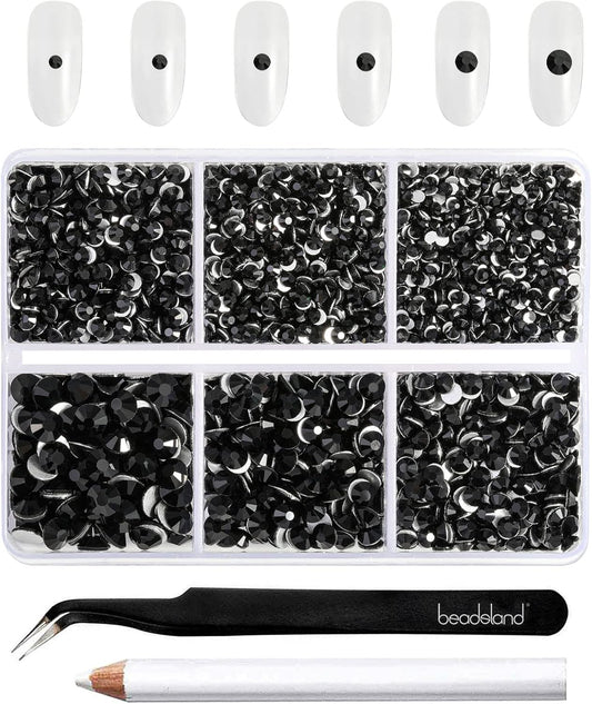 Beadsland 4300pcs Flatback Rhinestones,Black Rhinestone Nail Gems Round Crystal Rhinestones for Crafts,Mixed 6 Sizes with Picking Tweezers and Wax Pencil Kit, SS6-SS20,Jet Black