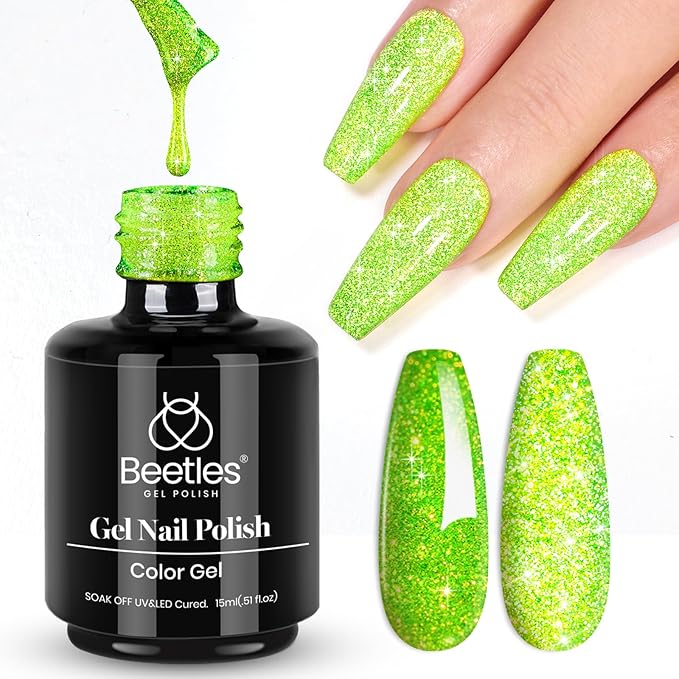 beetles Gel Polish Green Glitter Gel Nail Polish 0.51OZ Reflective Nail Art Manicure Salon DIY at Home UV LED Needed Gifts for Women Lime Shock