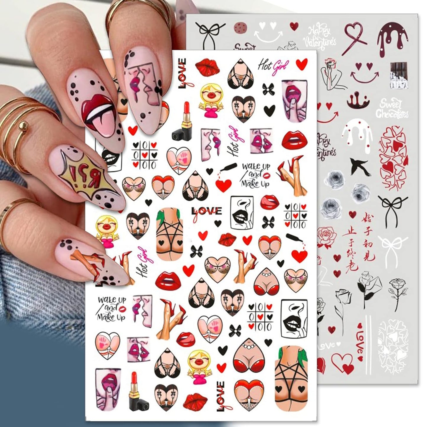 TailaiMei Valentine's Day Nail Stickers, 10 Sheets Self-Adhesive Nail Art Decals for DIY Nail Decorations, Cartoon Design for Teddy Bears, Sexy Breasts (Cartoon Style)