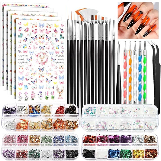 FANDAMEI Nail Art Kit, Nail Art Brushes Set, Nail Art Dotting Tools, Nail Stickers, Butterfly Nail Art Sequins, Nail Foils, Nail Art Flakes Iridescent, Rhinestones For Nails Design