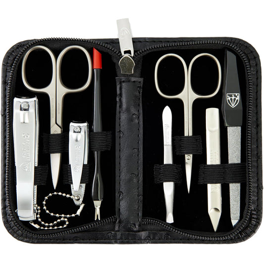 3 Swords Germany – brand quality 8 piece manicure pedicure grooming kit set for professional nail care with synthetic leather case ostrich black - Made in Germany
