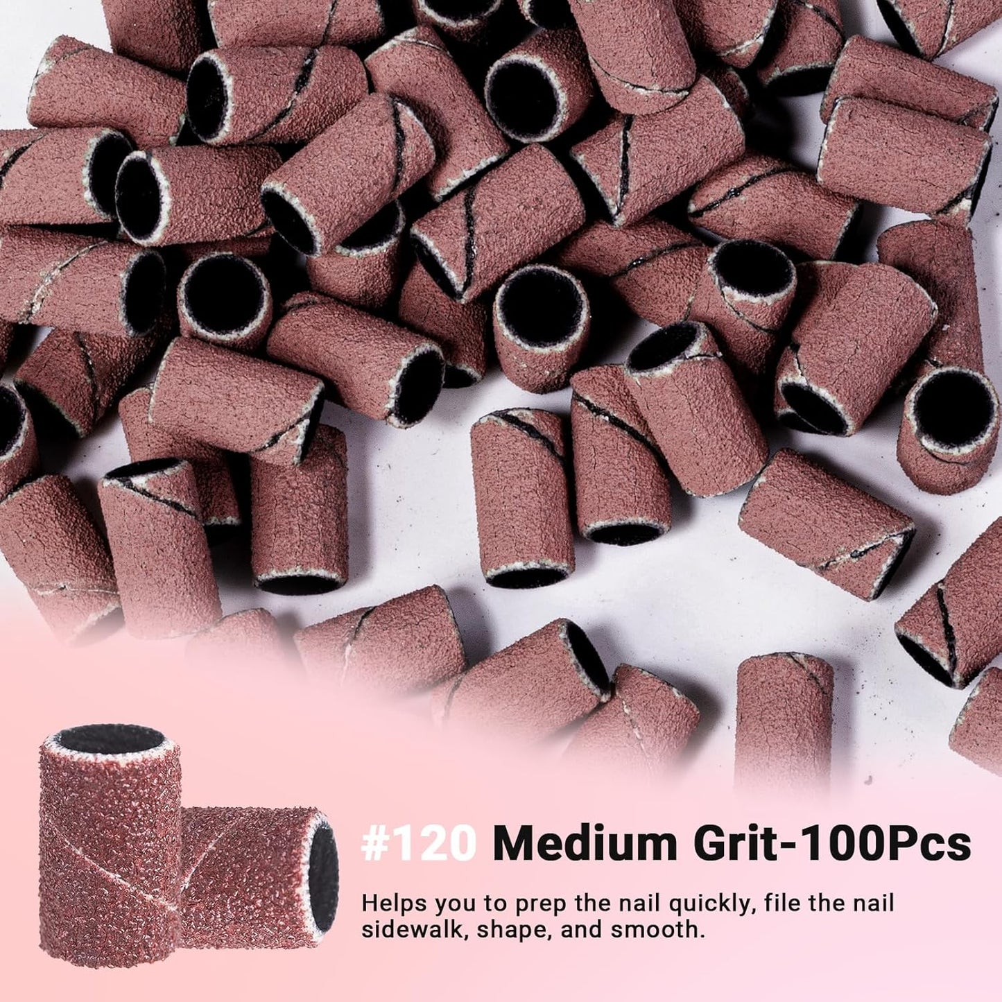 MelodySusie 100 Pcs Nail Drill Bits Sanding Bands for Nail Drill 120 Medium Grit Nail File Sanding Bands for Acrylic Nails Gel Manicures and Pedicure