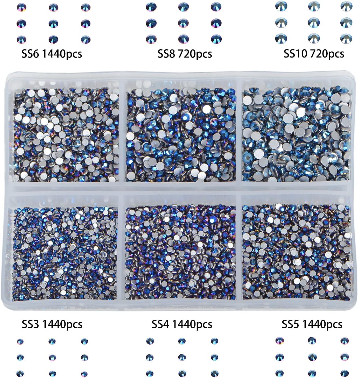 Bymitel 7200 Pieces 6 Mixed Sizes Glue Fix on Glass Rhinestones Round Crystal Gems Flatback for DIY Jewelry Making with one Picking Pen (6-Sizes 7200PCS, Mine Blue)