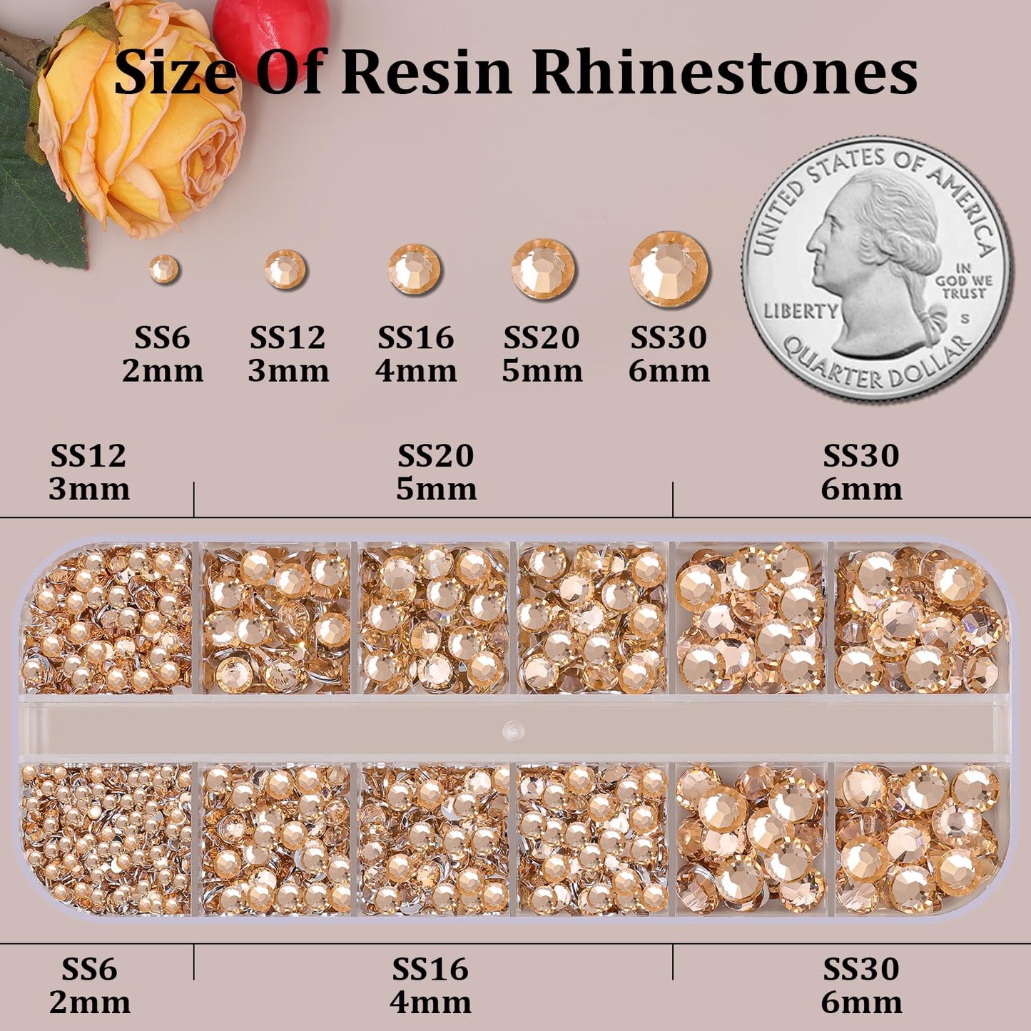Resin Rhinestones for Crafting, 1 Box Champagne Flatback Crystals for Bedazzling Crafts DIY Nail Art Deco, Non Hotfix Bulk Gems for Tumbler Shoes Clothing Fabric Face Makeup