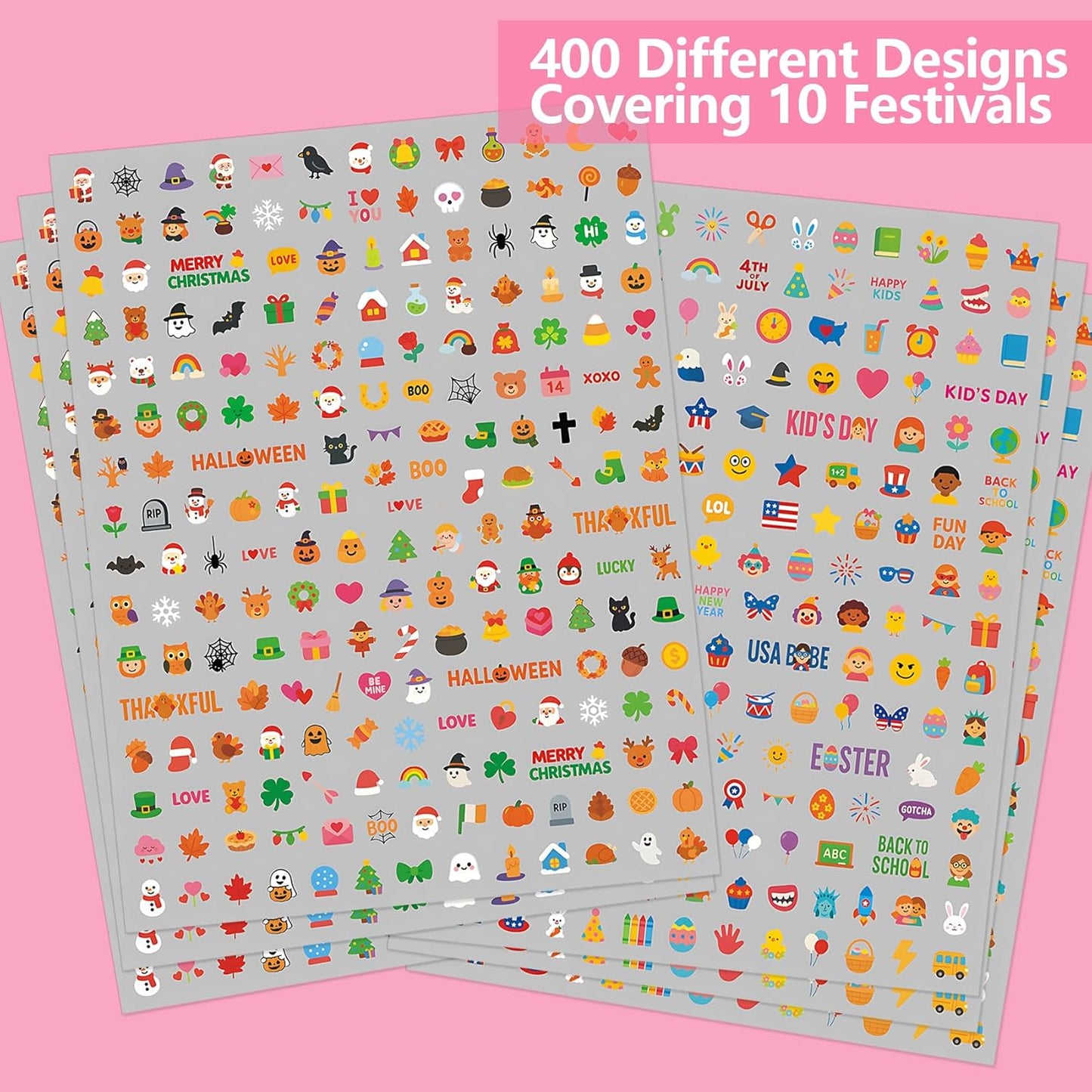 Mini Nail Stickers for Kids - 1200 Pcs All Holiday Favors for Little Girl, 11 Holidays 3D Cute Halloween, Christmas Designs - DIY Home Nail Art Decals for Toddler Easter Basket (6 Sheets)