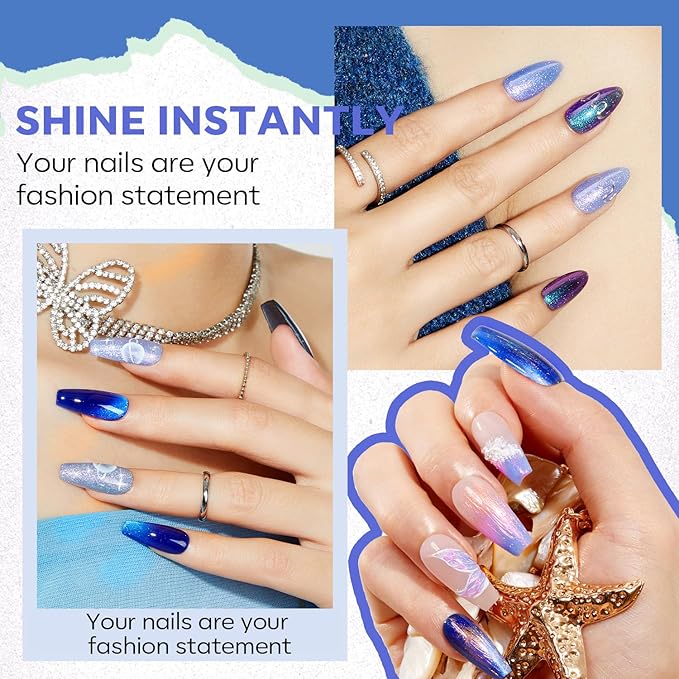 modelones Blue Nail Polish, 6 Colors Cat Eye Glitter Gray Shimmer Holographic Clear Quick Dry Mini Starter Set, Long Lasting Art DIY Manicure Kit at Home for Women
