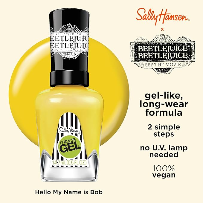 Sally Hansen Miracle Gel Beetlejuice Salon Quality Nail Polish | Gel-Like Formula, Two-Step System, No UV Light Needed, Long Lasting | Opaque | 932 Hello My Name Is Bob | Bright Yellow Nail Color