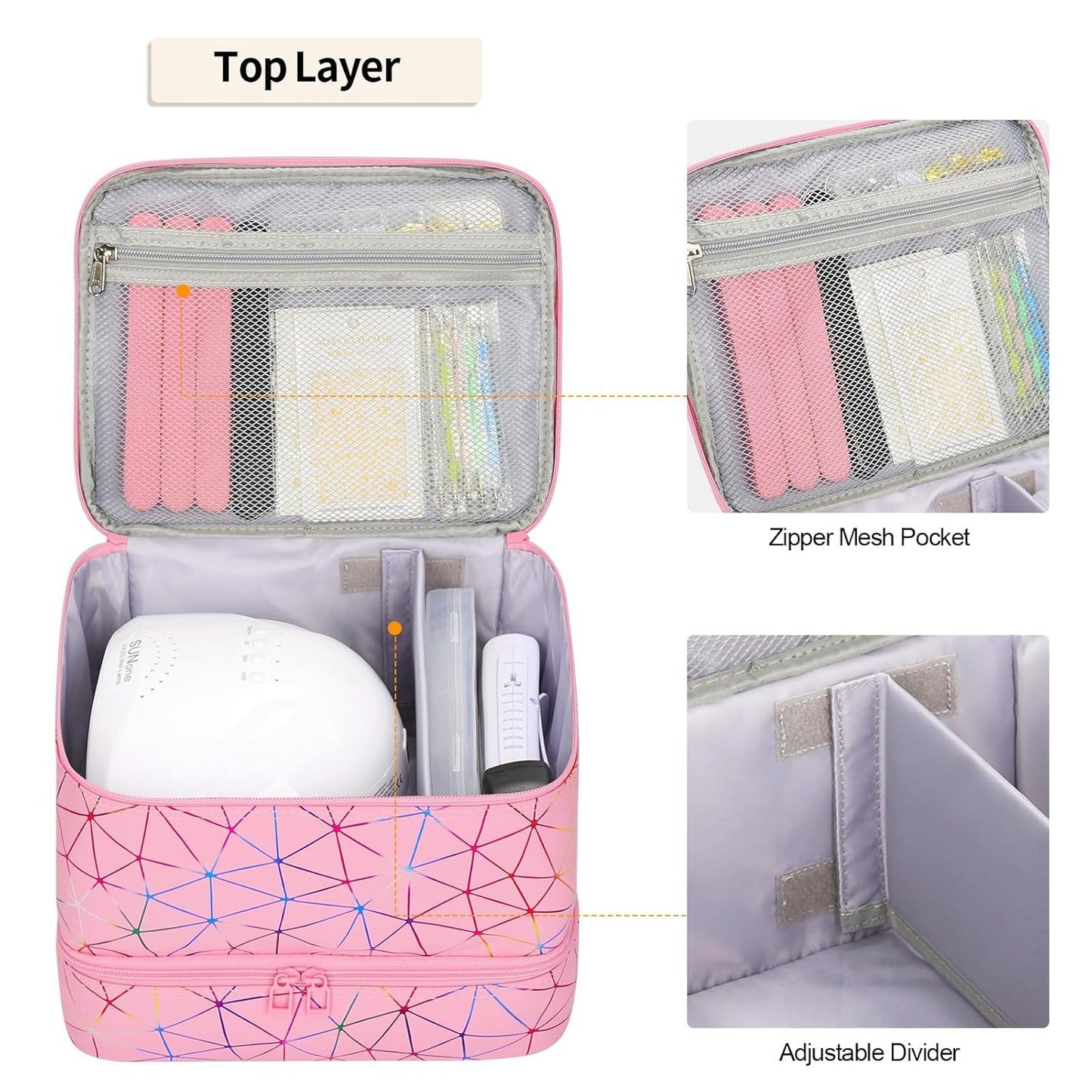 Ethereal Small Nail Polish Organizer Case Holds 32+ Bottles(15ml/0.5fl.oz) and Nail Lamp, Double Layer Nail Polish Storage Bag for Nail Kit, Manicure Tools, Diamond Pink