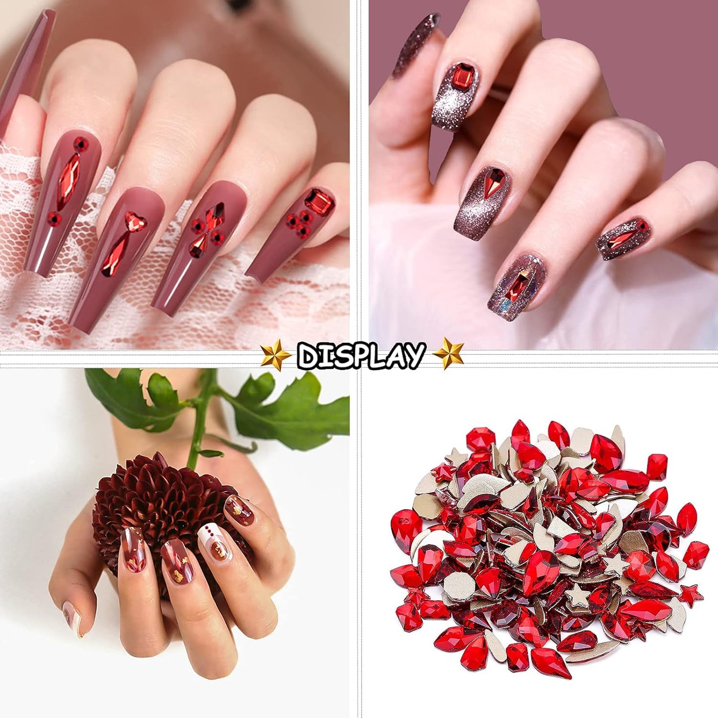 HOINCO 3100Pcs Crystal Red Nail Rhinestones, Multi-Shaped Nail Charms for DIY Nail Art