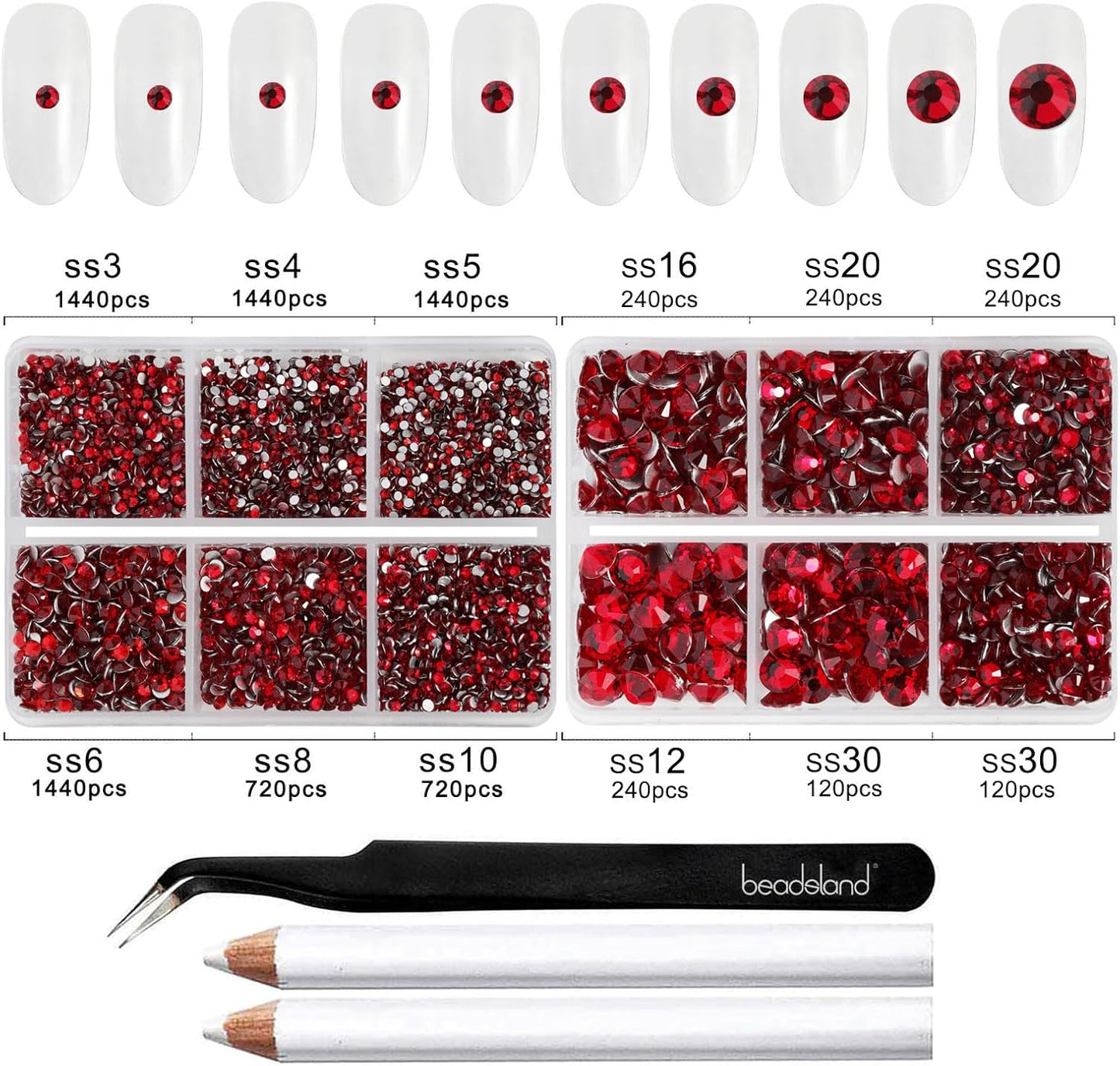 Beadsland 8300PCS Flatback Rhinestones, Red Rhinestone Nail Gems Round Crystal Rhinestones for Crafts, Mixed 10 Sizes with Wax Pencil and Tweezer Kit, SS3-SS30, Siam