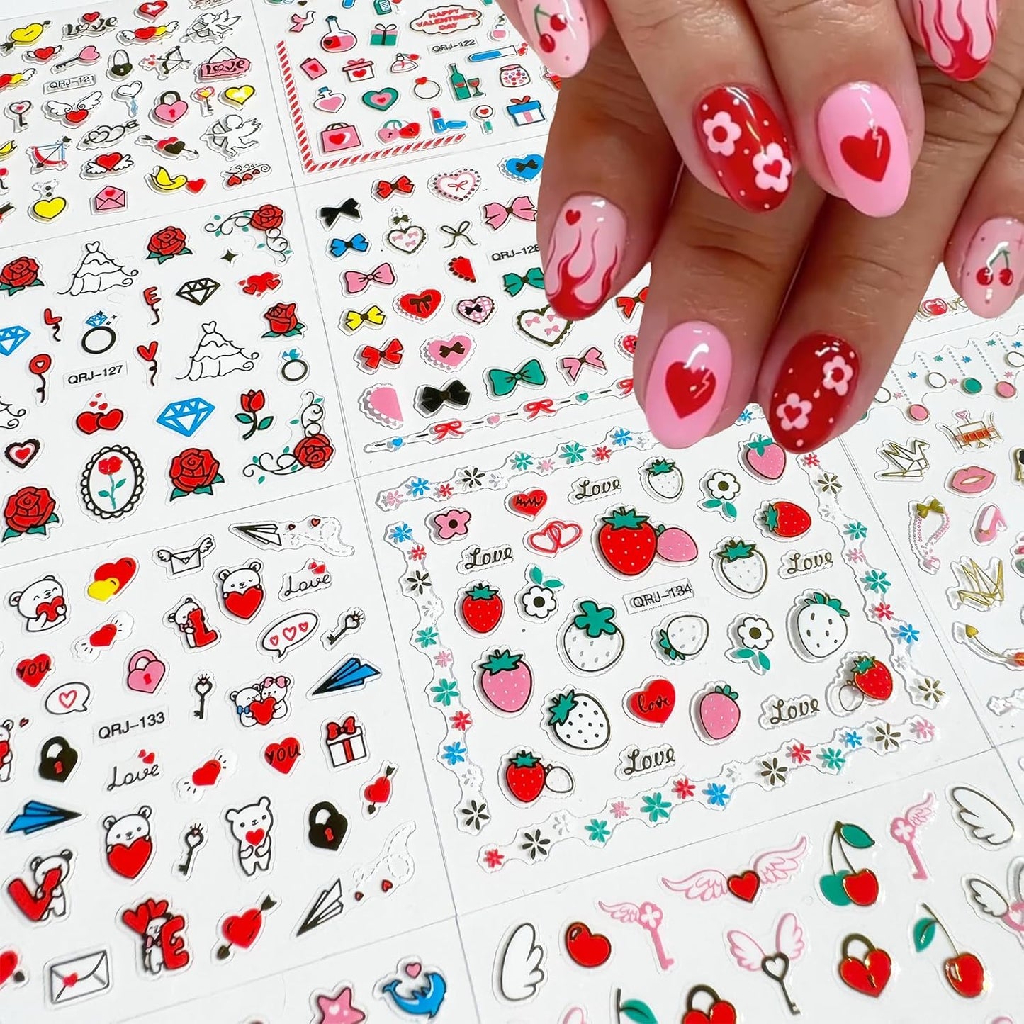 30 Sheets Valentine's Day Nail Art Stickers Red Heart Sticker Decals 3D Self-Adhesive Nail Supplies Lips Heart Letters Love Kiss Rose Flower Designs Sticker for Women Acrylic Nails Decorations