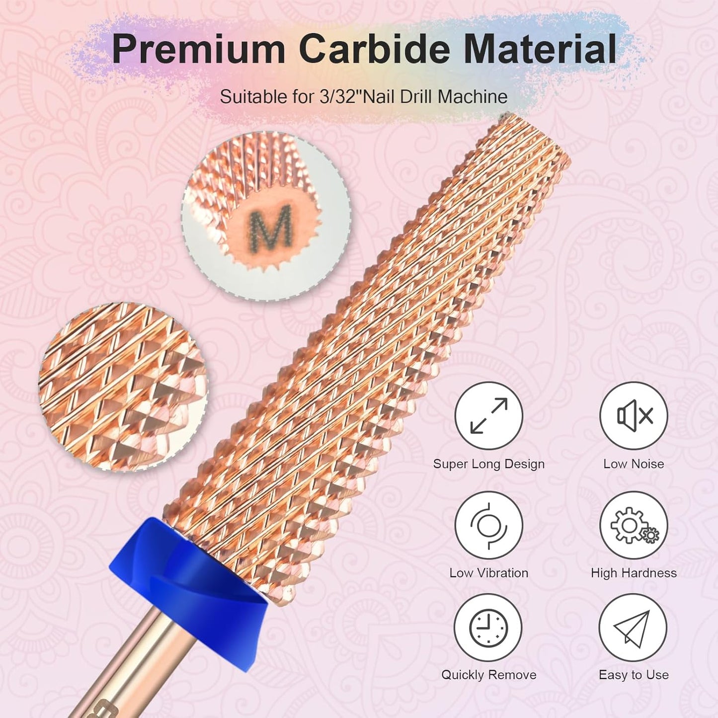 Depvko Super Long 5 in 1 Nail Drill Bits, 3/32'' Carbide Tungsten Bits, Two Way Rotate Professional Advanced Safety Bits for Nail, Fast Remove for Manicure Pedicure (Long 5in1-Rose Gold, Medium-M)