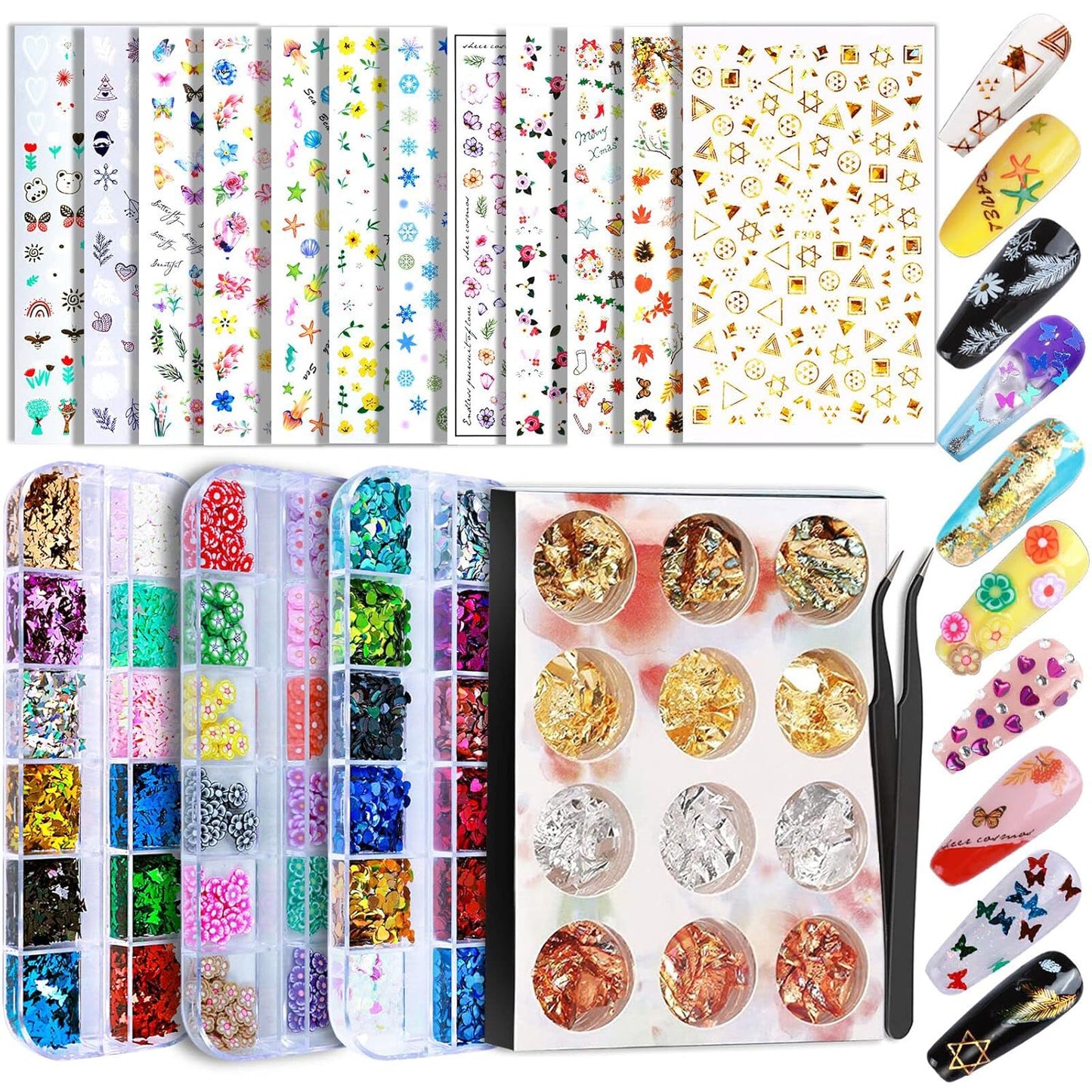 Nail Art Sticker, 12 Sheets Nail Art Stickers Flower Nail Stickers Decal 3D Self-Adhesive, Teenitor Nail Art Decoration with Nail Glitter Butterfly Sequins Nail Foils Nail Flower Slices